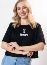 Cropped Feminino 100% Algodão Estampa Signo Gemeos Preto