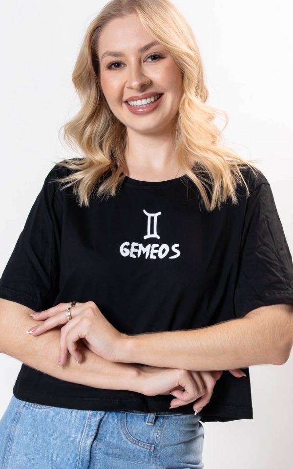 Cropped Feminino 100% Algodão Estampa Signo Gemeos Preto