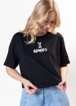 Cropped Feminino 100% Algodão Estampa Signo Gemeos Preto