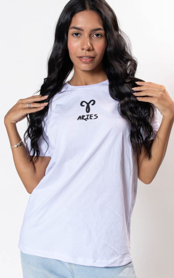 T-shirt Feminina 100% Algodão Signo Áries Branca