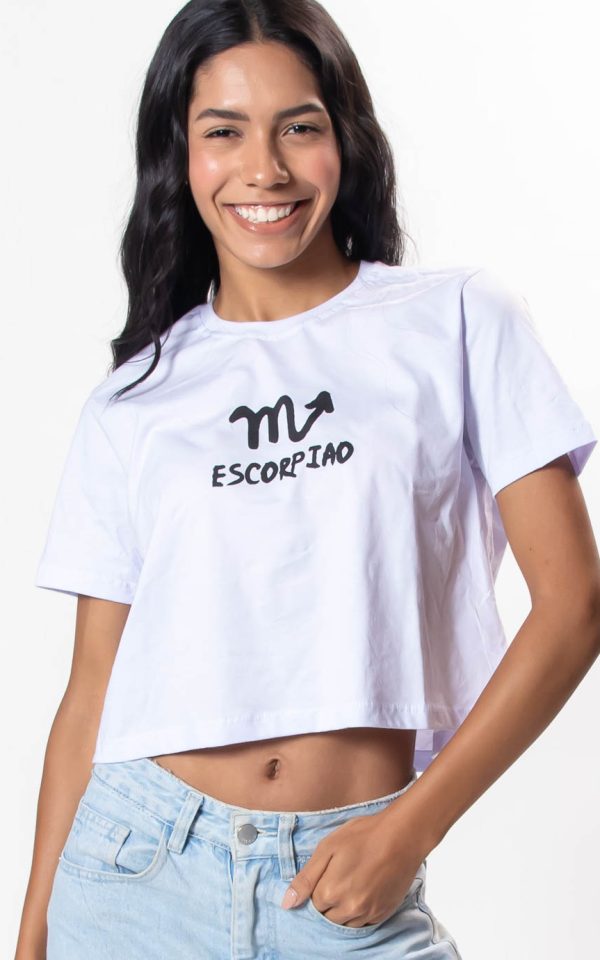 Cropped Feminino 100% Algodão Estampa Signo Escorpião Branco