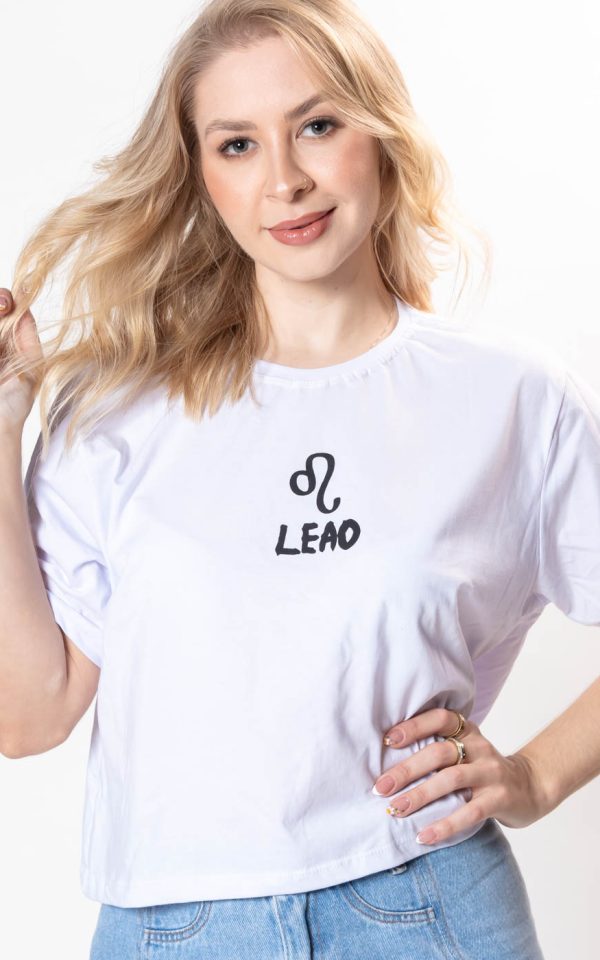 Cropped Feminino 100% Algodão Estampa Signo Leão Branco