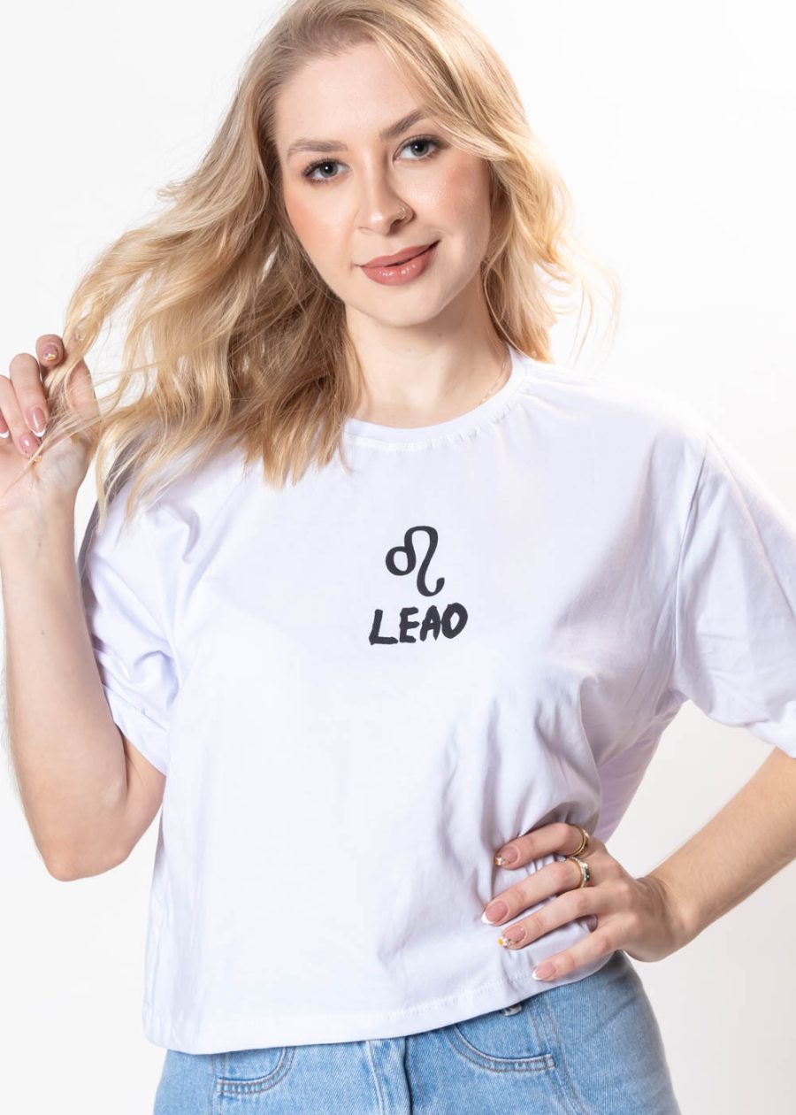 Cropped Feminino 100% Algodão Estampa Signo Leão Branco