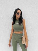 Conjunto Feminino Nervuras Canelado Tendência Estiloso Aestheric Verde