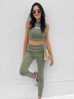 Conjunto Feminino Nervuras Canelado Tendência Estiloso Aestheric Verde