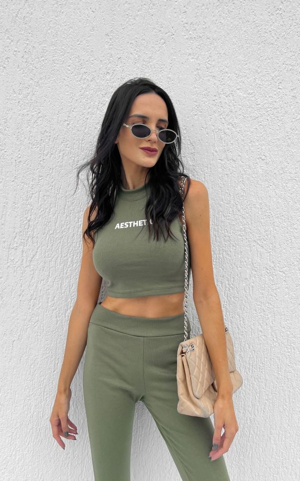 Conjunto Feminino Nervuras Canelado Tendência Estiloso Aestheric Verde