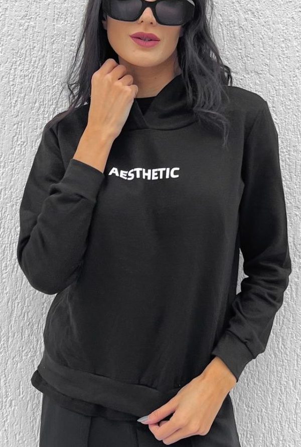 Moletom Feminino Liso com Capuz Tendência Estampa Aestheric Preto