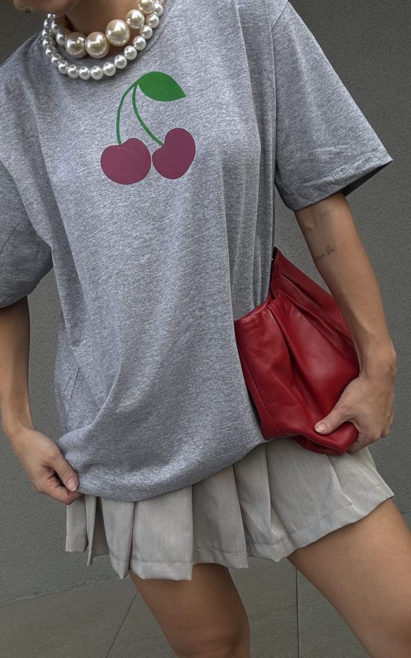 T-shirt Feminina 100% Algodão Cereja Tendência Cinza