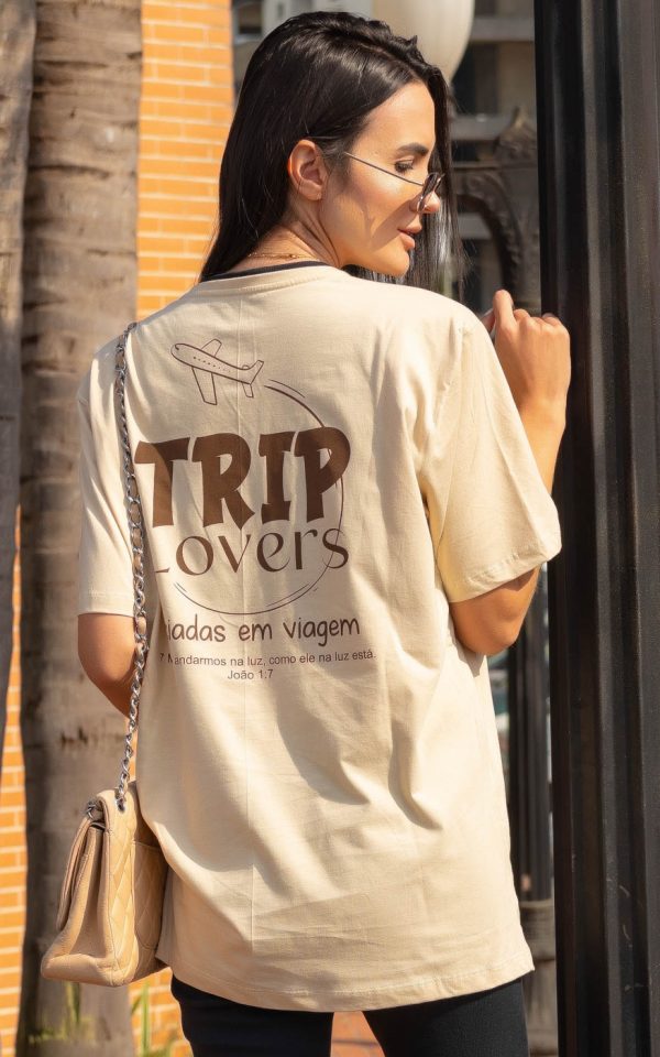 T-shirt Feminina Oversized 100% Algodão Trip Lovers Bege