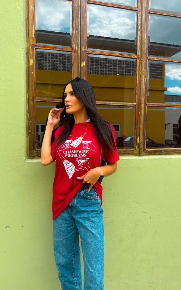 T-shirt Feminina 100% Algodão Estampa Champagne Cereja