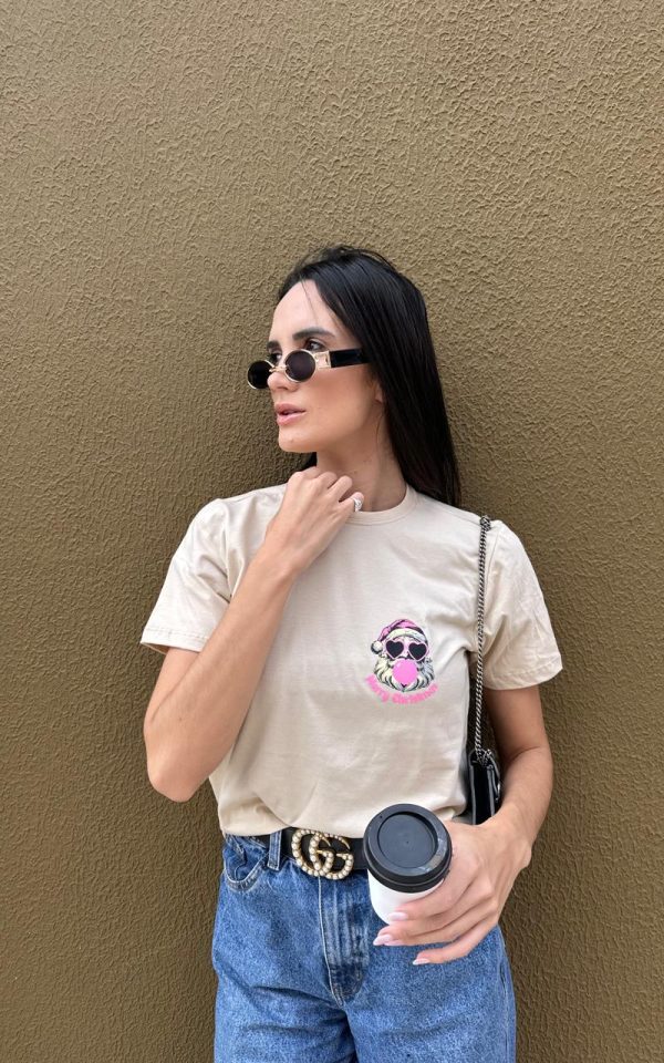 T-shirt Feminina 100% Algodão Estampa Natal Bege