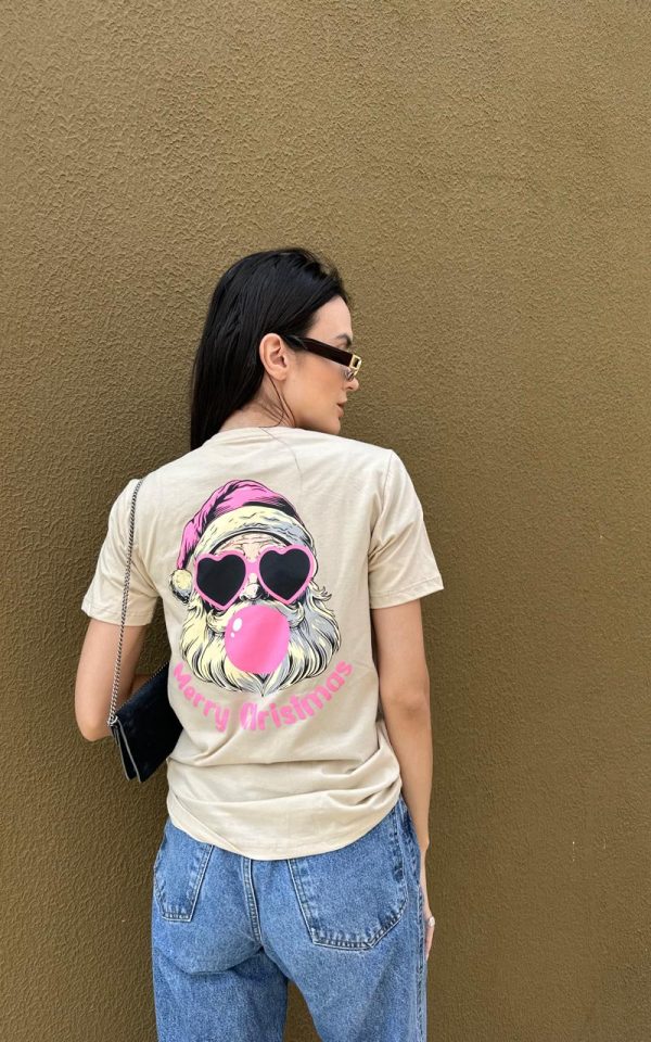 T-shirt Feminina 100% Algodão Estampa Natal Bege