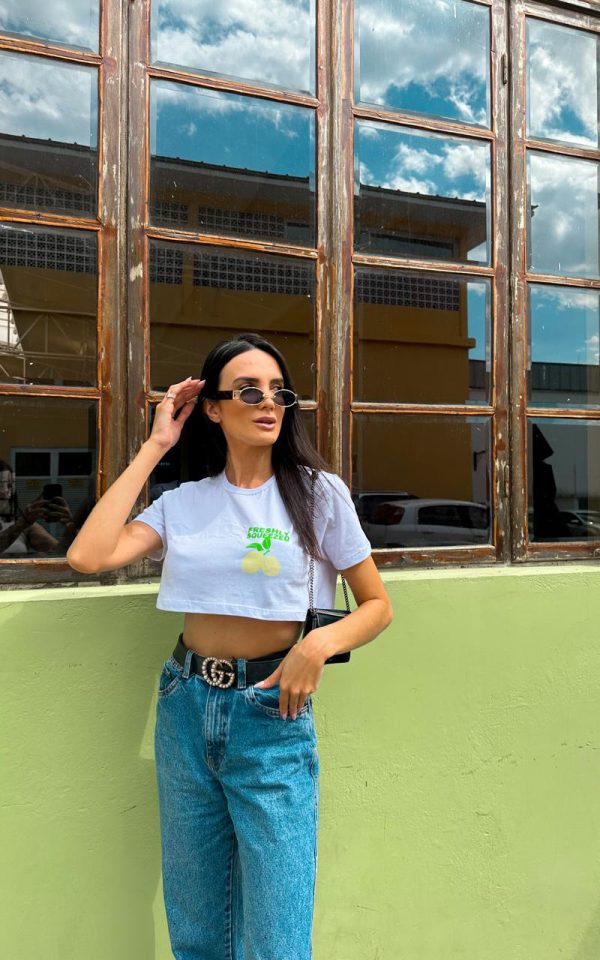 Cropped Basic 100% Algodão Estampa Freshly Squeezed Branca