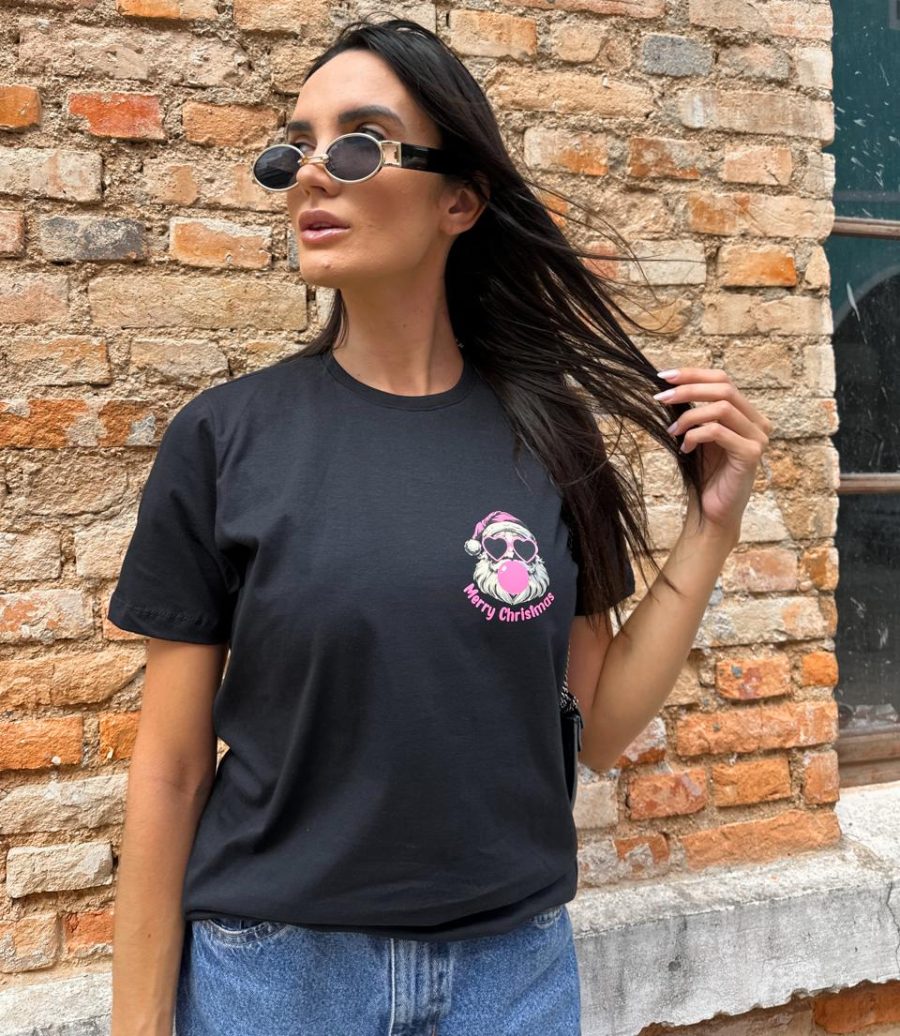 T-shirt Feminina 100% Algodão Estampa Natal Preto