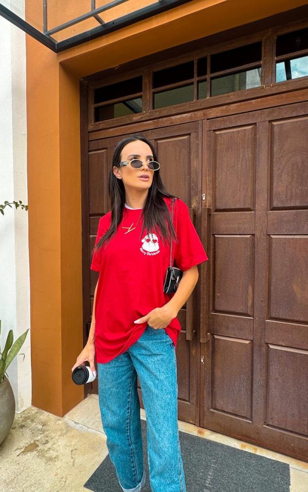 T-shirt Feminina 100% Algodão Estampa Natal Vermelho