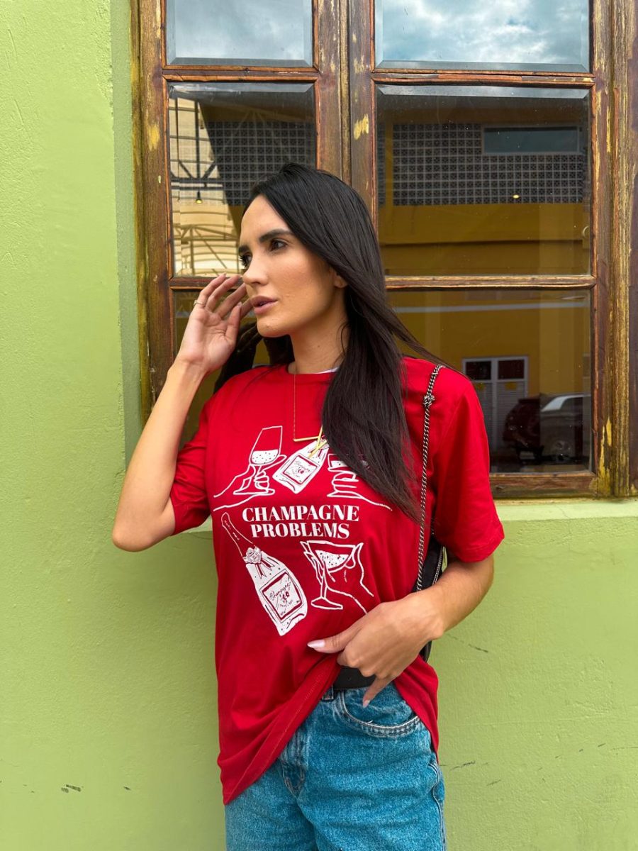 T-shirt Feminina 100% Algodão Estampa Champagne Cereja