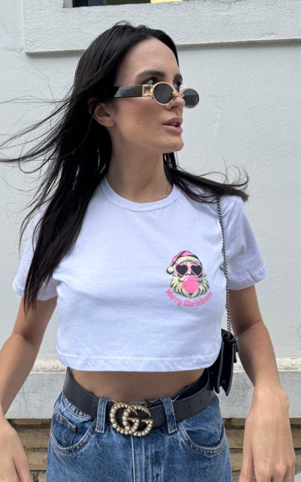 Cropped Basic 100% Algodão Estampa Natal Branco