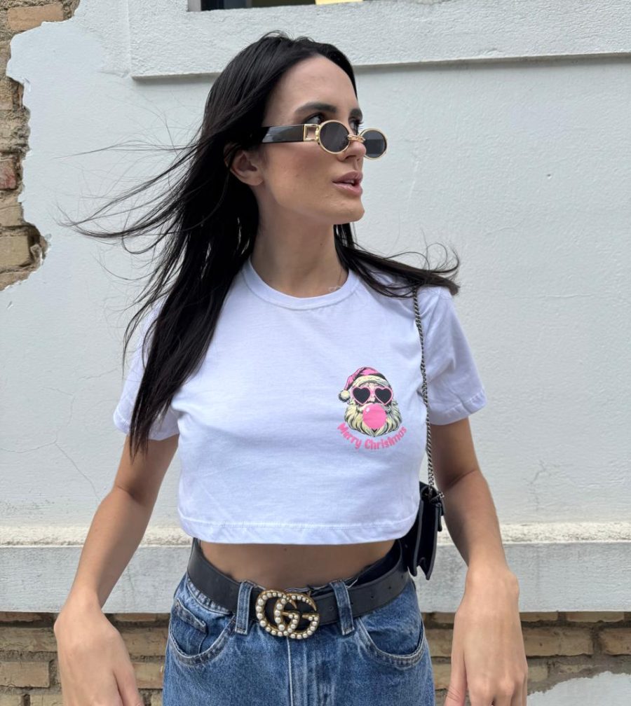 Cropped Basic 100% Algodão Estampa Natal Branco